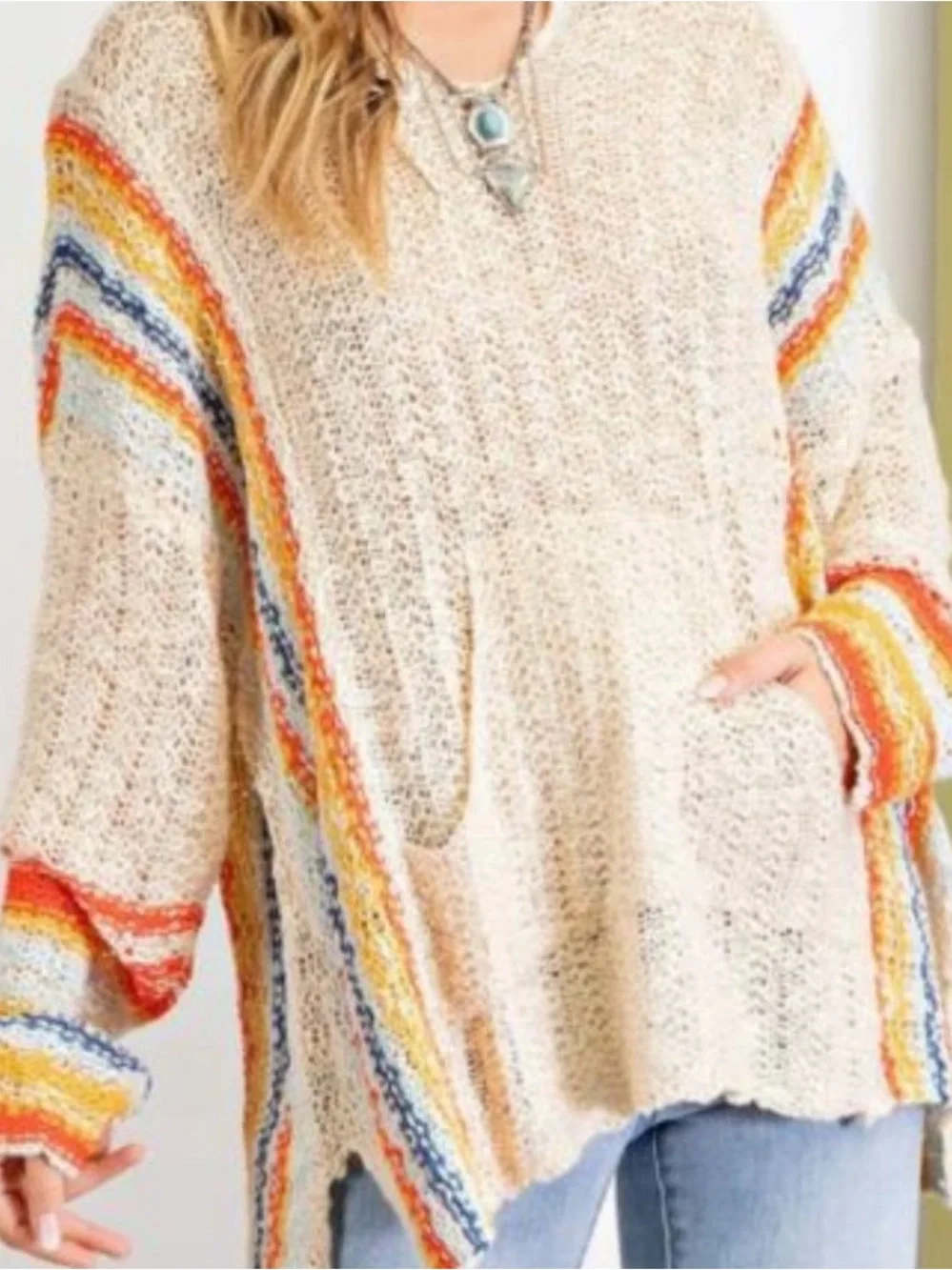 EASEL Cream Multicolor Stripe Open Knit Sweater Hoodie! S - Picture 1 of 7